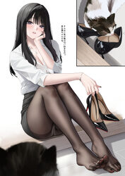 1girl abab xiaxia black hair black nails black skirt bracelet breasts button gap cat check commentary cleavage collarbo…