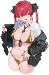 1girl  d akasaai between breasts bikini black jacket black necktie black ribbon breasts cleavage clothes between breast…