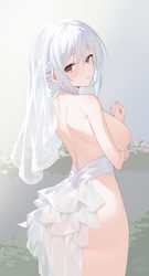 1girl absurdres ass azur lane back bare shoulders breasts bridal veil bride closed mouth commentary from behind grey ha…
