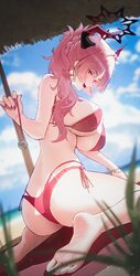1girl absurdres ass bare arms bare shoulders barefoot beach bikini blue archive blue sky blunt sidelocks blurry blurry …
