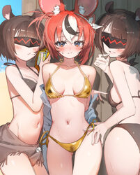 3girls absurdres animal ears backup dancer (hakos baelz) bare shoulders beach bikini black bikini black hair black stre…