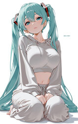 1girl absurdres alternate breast size (larger) aqua eyes aqua hair blush breasts commentary drawstring english commenta…