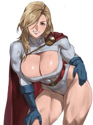 1girl absurdres bare legs belt blonde hair blue eyes blue gloves breasts broad shoulders cape chinese commentary cleava…