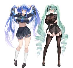 2girls absurdres aqua hair arcana (fortune mate) (nikke) arcana (nikke) arm under breasts belt black bra black garter s…