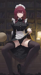 1girl absurdres alternate costume apron ass visible through thighs black dress black panties black shoes black thighhig…