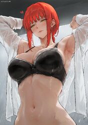 1girl absurdres armpits arms up black bra bra breasts chainsaw man commentary english commentary heart highres looking …