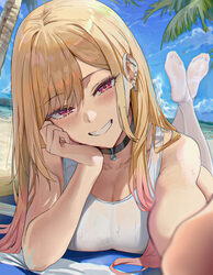 1girl achilles tendon ai-assisted amiki yuzuru beach black choker blonde hair blush breasts choker cleavage collarbone …