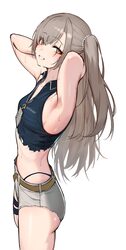 1girl 3 small spiders absurdres armpits arms up breasts brown hair commentary request crop top flat chest from side gir…