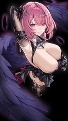 1girl arm up armpits ass black dress black panties black wings blush breasts brown thighhighs cleavage cleavage cutout …