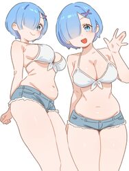 1girl  d arm behind back bad id bad twitter id bare shoulders belly bikini bikini top only blue eyes blue hair blue sho…