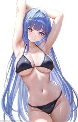 1girl alternate costume arcana (fortune mate) (nikke) arcana (nikke) arm up armpits arms up bikini black bikini blue ha…