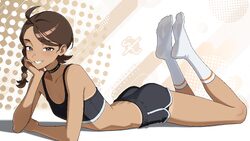 1girl absurdres ass black choker black hair black shorts black sports bra braid breasts brown eyes brown hair choker co…