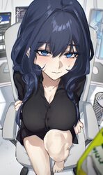 1girl 1other ? absurdres alternate costume black shirt blue eyes blue hair braid breasts chair cleavage commentary comp…