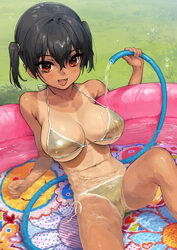 1girl bare shoulders bikini black hair blush breasts cleavage commentary request gaki kyonyuu gold bikini highres hose …