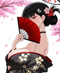 1girl alternate costume alternate hairstyle bare shoulders black choker black hair blue archive breasts bright pupils c…