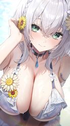 1girl absurdres arm up armpit crease bare arms bare shoulders bikini black collar blue gem blurry braid breasts cleavag…