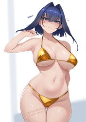 1girl arm behind back armpits ass visible through thighs bikini blue eyes blue hair bow bow earrings breasts cleavage c…