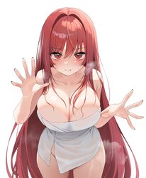 1girl absurdres bare arms bare shoulders black nails blush breasts cleavage closed mouth collarbone goddess of victory …