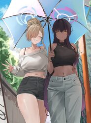 2girls ahoge alternate costume asuna (blue archive) bare shoulders black hair black shirt blonde hair blue archive blue…