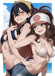 2girls bikini bikini top only black bikini blue eyes blue shorts blue sky breasts brown hair carmine (pokemon) clenched…