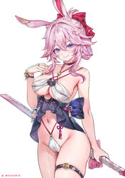 1girl alternate costume animal ears bare shoulders bow breasts closed mouth commentary cowboy shot dot nose evanescia (…