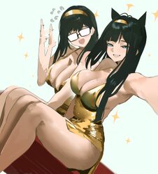 2girls absurdres bare legs bare shoulders black hair breasts cleavage dress glasses goddess of victory  nikke gold dres…