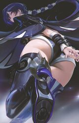 1girl arms behind back ass black background black boots black cloak black shorts blush boots bound bound wrists breasts…