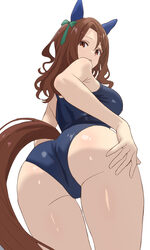 1girl animal ears ass ass focus blue one-piece swimsuit bow breasts brown hair commentary competition school swimsuit e…