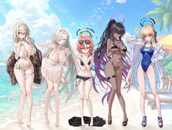 5girls absurdres ahoge akane (blue archive) alternate costume asuna (blue archive) barefoot beach bikini black bikini b…