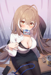 1girl ahoge alternate costume alternate hairstyle arm support artist name black bra black choker black pantyhose black …