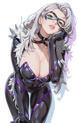1girl absurdres black bodysuit black cat (marvel) blue eyes bodysuit breasts choker cleavage commentary covered navel c…