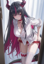 1girl black hair blush breasts cleavage collared shirt colored inner hair commentary ddcc0123 dragon girl dragon horns …