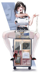 1girl  d absurdres alcohol bag bare shoulders black hair black panties black shoes blush breasts brown eyes choker comm…