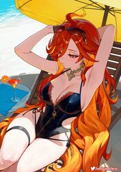 1girl adapted costume armpits axillary tail of spence beach black one-piece swimsuit breasts chair cleavage closed mout…