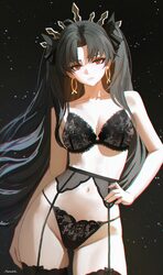 1girl absurdres black bra black hair bra breasts chromatic aberration closed mouth commentary earrings fate/grand order…