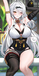 1girl absurdres armlet armpits arms up bare shoulders bird black thighhighs blush breasts closed mouth commentary reque…