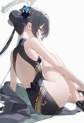 1girl ai-assisted ass black dress black gloves black hair black jacket black shoes blue archive butterfly hair ornament…