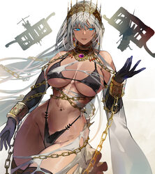 1girl abs absurdres ballista bare shoulders bikini black bikini black gloves blue eyes breasts chain cleavage commentar…