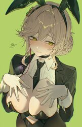 1girl ade (agent bunny) (nikke) ade (nikke) animal ears between breasts black hairband black jacket black leotard black…