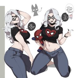 1girl absurdres black cat (marvel) black mask black nails black shirt blue pants breasts character doll commentary deni…