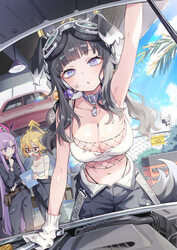 3girls alternate costume animal ears armpits arms up bare shoulders belt collar black-framed eyewear black hair blonde …