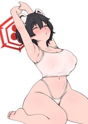 1girl animal ears armpits arms up black hair blue archive blush breasts closed eyes commentary covered nipples crop top…