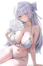 1girl alternate costume arm support bikini breasts collarbone commentary english commentary folding fan grey hair hand …