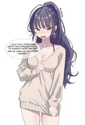 00017s 1girl absurdres black hair blush breasts brown sweater cleavage clothes tug comic commentary cowboy shot earring…