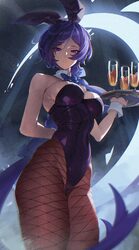 1girl absurdres alcohol alternate costume animal ears arm behind back bare shoulders blue bow blue bowtie bow bowtie br…