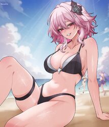 3girls alternate costume artist name beach bikini black bikini black swan (honkai  star rail) blue sky blurry blurry ba…