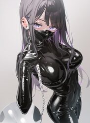 1girl animal collar barbell piercing bdsm black bodysuit black collar black hair black mask bodysuit bondage bound brea…