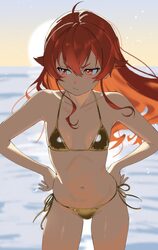 1girl absurdres ahoge bare shoulders bikini blush breasts commentary request eris greyrat gold bikini highres long hair…