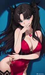 1girl alternate costume artist name bare shoulders black bow black hair blue background blue eyes bow breasts cleavage …