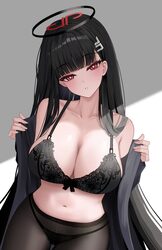 1girl alternate costume black bra black hair black halo black panties black pantyhose blue archive blunt bangs bra brea…